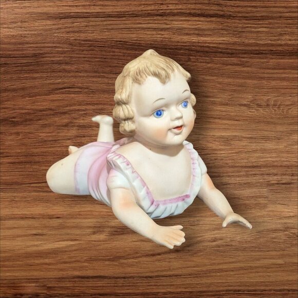 Bisque Porcelain Piano Baby Figurine Crawling Girl in  Pink Dress  Vintage 9" - Picture 5 of 9
